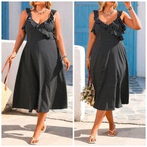 New Flirty Retro Polka Dot Ruffle Cami Midi Dress Black White